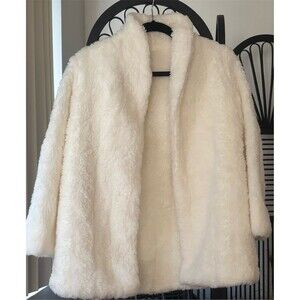 Womens Teddy Coat Size M Ivory Open Front Plush Mid-Length Shawl Collar